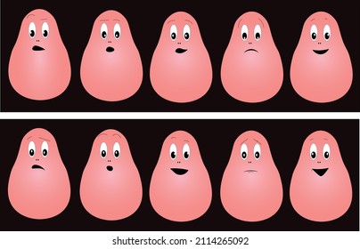 Different facial expressions, pink on a black background, sad, cheerful grimace, angry face,worried face, scared, surprised