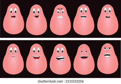 Different facial expressions, pink on a black background, sad, cheerful grimace, angry face,worried face, scared, surprised
