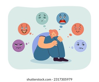 Different facial expressions and sad girl hugging knees. Funny faces or emoticons, upset woman keeping feelings inside vector illustration. Emotions, mental health, psychology, wellbeing concept