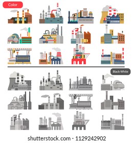 Different factories flat illustration set in color and black and white concept