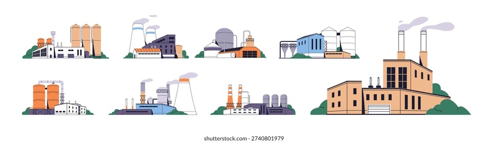 Different factories set. Building of power stations, heavy industry plants and manufacturing with exhaust smoke from chimney. Productions with tanks. Flat isolated vector illustrations on white