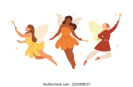 Different fairies with magic wands in their hands. Mythical fairy tale characters. Flat vector illustration.