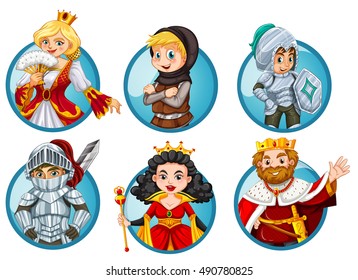 Different fairytales characters on round badge illustration