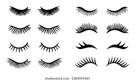 Different False Eyelashes Illustration Set. Female Lashes Extensions Sketch Icons Collection. Woman Beauty Salon Logo. Mascara Makeup Decorative Element