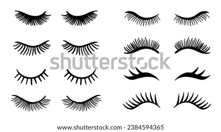 Different False Eyelashes Illustration Set. Female Lashes Extensions Sketch Icons Collection. Woman Beauty Salon Logo. Mascara Makeup Decorative Element