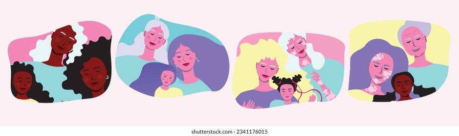 Different families, generations of grandmother, parent, child, person with vitiligo and African woman, vector stock illustration