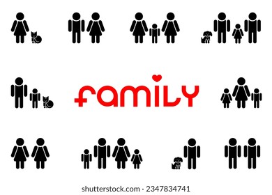 Different families icons: traditional and non-traditional, concept, contemporary design, vector illustration. Types of relationships. Concept - no loneliness