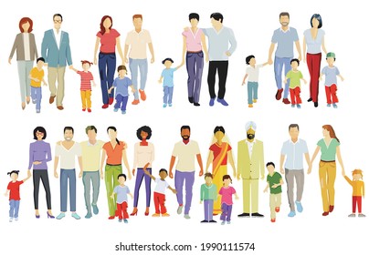 different families, parents and children, groups of people isolated on white