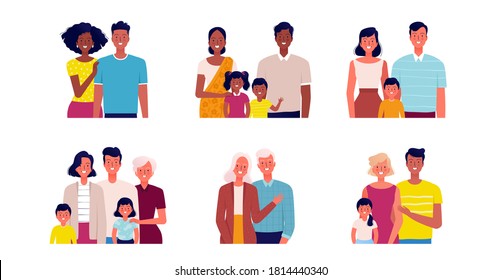 Different families set. People of different ages and nationalities. Families young and old, with and without children. Love and happiness concept