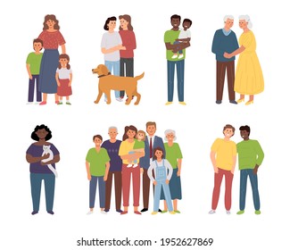 Different Families: Single Parents, Large Families, Elderly Couple, LGBT Partners, Lonely Woman With A Pett. Diversity Vector Characters.