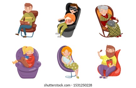 Different family members are resting at home. Vector illustration.