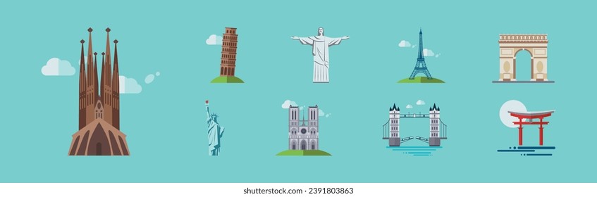 Different Famous City Landmark and Travel Destination Vector Set