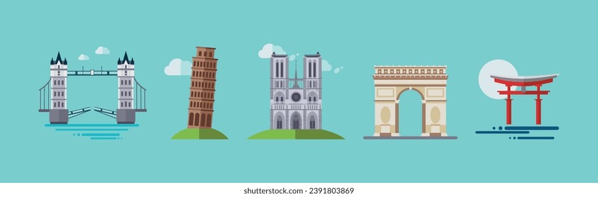 Different Famous City Landmark and Travel Destination Vector Set