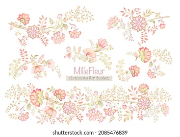 A lot of different fantasy flowers. Millefleurs trendy floral design. Blooming midsummer meadow Clip art, set of elements for design Vector illustration. Gradients colors