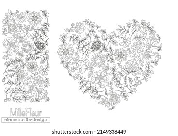 A lot of different fantasy flowers. Millefleurs trendy floral design. Blooming midsummer meadow seamless pattern. Clip art, set of elements for design Outline vector illustration.