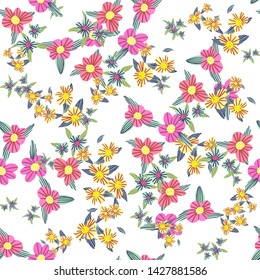 Different fantasy flowers are the seamless pattern in abstract style on a colorful background. Vector floral background. Summer background. Design illustration vector. Vector spring template.