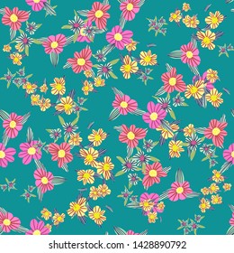 Different fantasy flowers are the seamless pattern in abstract style on a colorful background. Vector floral background. Summer background. Design illustration vector. Vector spring template.