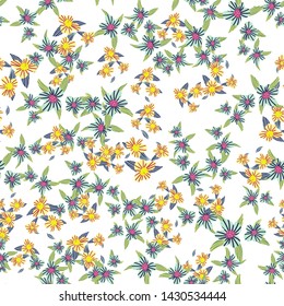Different fantasy flowers are the seamless pattern in abstract style on a colorful background. Vector floral background. Summer background. Design illustration vector. Vector spring template.