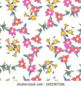 Different fantasy flowers are the seamless pattern in abstract style on a colorful background. Vector floral background. Summer background. Design illustration vector. Vector spring template.