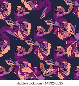 Different fantasy flowers are the seamless pattern in abstract style on a colorful background. Vector floral background. Summer background. Design illustration vector. Vector spring template.