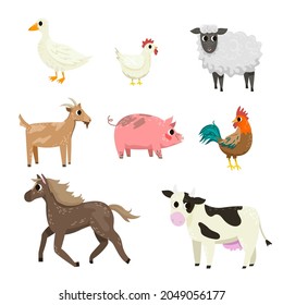 Different farm animal cartoon characters vector illustration set. Cute hen, horse, sheep, cow, pig, goat, goose, rooster clipart isolated on white background. Agriculture, domestic animals concept