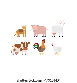 Different farm animals flat design icons set. Vector illustration