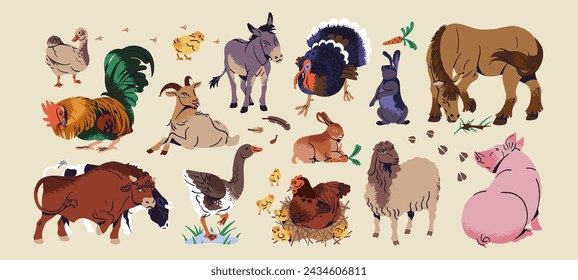 Different farm animals set. Ranch fauna: domestic bunnies, hen, cow, pig, horse, sheep, bull, goat, cock, turkey. Cattle, livestock breeding in country. Farming flat isolated vector illustration