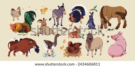 Different farm animals set. Ranch fauna: domestic bunnies, hen, cow, pig, horse, sheep, bull, goat, cock, turkey. Cattle, livestock breeding in country. Farming flat isolated vector illustration