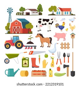 Different farm elements. Farm buildings, domestic animals, transport, inventory, harvest. Set of scenes and elements on farm theme. Vector illustration