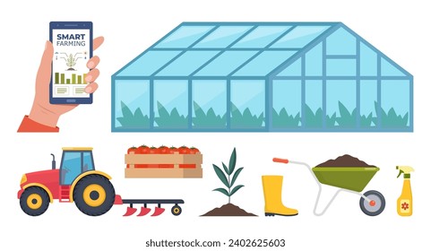 Distintos elementos de la granja. Invernadero, fertilizantes, tractor, carro. Agricultura inteligente. Smartphone con aplicación para el control de plantas creciendo. Ilustración del vector