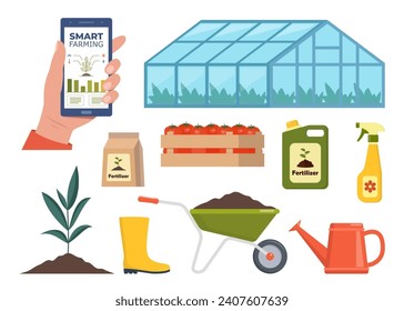 Different farm elements. Greenhouse, fertilizers, tractor, cart. Smart farming. Smartphone with app for control plants growing. Vector illustration