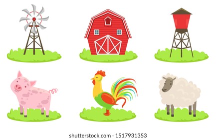 Different Farm Elements Set. Farm Animals, Wind Turbine, Barn, Silo Tower Vector Illustration