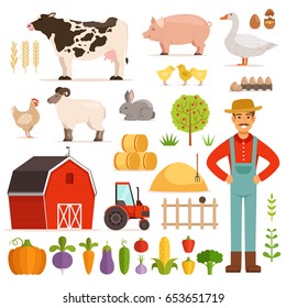 Different Farm Elements. Vegetables, Transport And Domestic Animals. Vector Illustrations Set