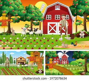 Diferentes escenas de granjas con dibujos animados de animales de granja ilustración