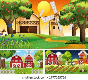 Different farm scenes with farm animals cartoon character illustration