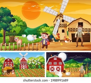 Different farm scenes with farm animals cartoon character illustration