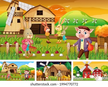 Different farm scenes with farm animals cartoon character illustration