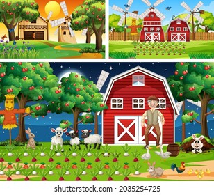 Different farm scenes with farm animals cartoon character illustration