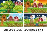 Different farm scenes with old farmer and animal cartoon character illustration