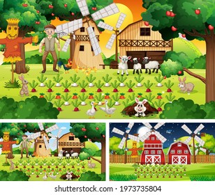 Different farm scenes with old farmer man and animals illustration