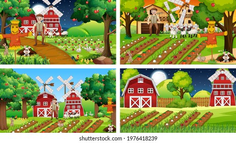 Different farm scenes with old farmer and animal cartoon character illustration