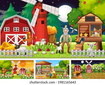 Different farm scenes with old farmer and animal cartoon character illustration