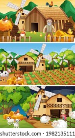 Different farm scenes with old farmer and animal cartoon character illustration