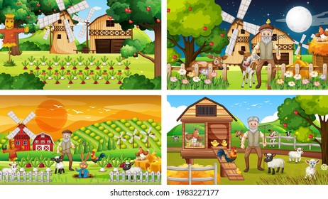 Different farm scenes with old farmer and animal cartoon character illustration