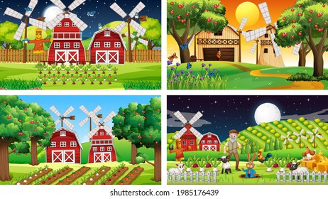 Different farm scenes with old farmer and animal cartoon character illustration
