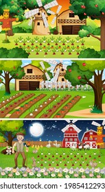 Different farm scenes with old farmer and animal cartoon character illustration