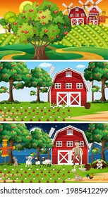 Different farm scenes with old farmer and animal cartoon character illustration
