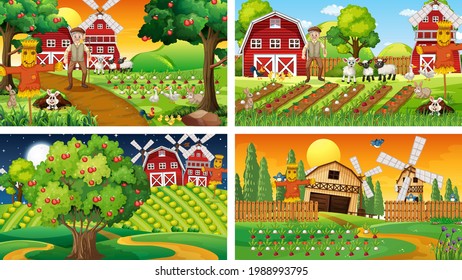 Different farm scenes with old farmer and animal cartoon character illustration