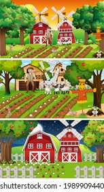 Different farm scenes with old farmer and animal cartoon character illustration