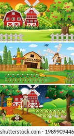 Different farm scenes with old farmer and animal cartoon character illustration